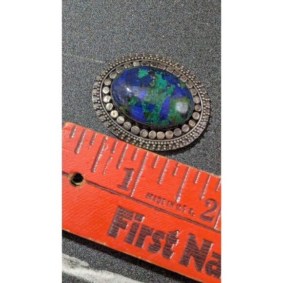 Vintage Azurite Malachite Sterling Silver Oval Brooch 925 Jewelry - Picture 7 of 7
